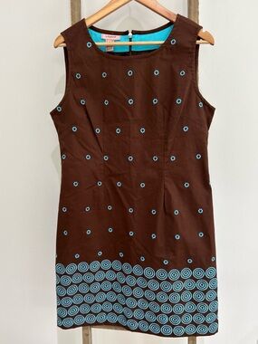 Lilypod Brown Shift Dress Turquoise Embroidery Women’s Size 8 NWT Modern Chic